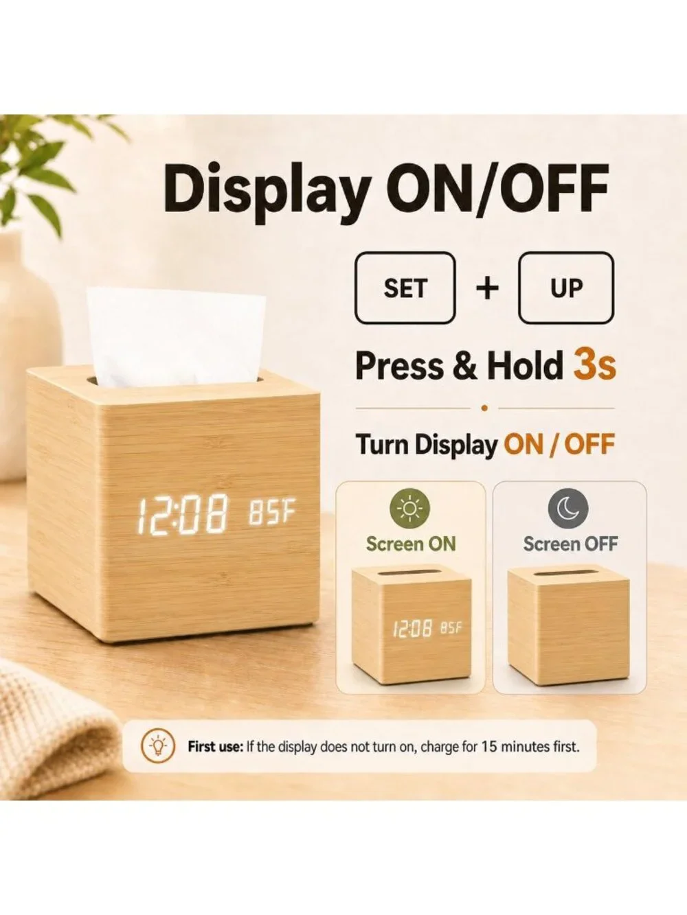 Home Cream Digital Cordless Alarm Temperature Display Wooden Tissue Box Clock